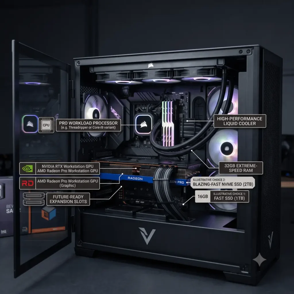 Assembled desktop PC configurations at AapthyTech Solutions Bengaluru, showcasing personalized options for hardware, memory, data storage, and video cards.